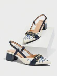 Women's Pointed Toe Slingback High Heel Mule Shoes With Chain Decor, Retro Floral Pattern Design, Fashionable & Comfortable, Suitable For Work, Party, Holiday Events, Suitable For Spring, Summer, Autumn, Winter, Navy Blue, Elegant, Women Pumps - Navy Blue - View 6