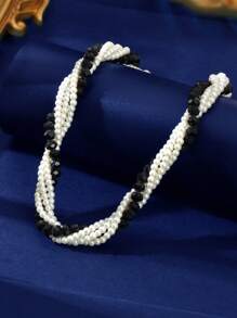 1 Pc Elegant Faux Pearl White And Black Beads Winding Collar Necklace Wedding Party Bridal Jewelry Accessories