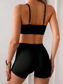 Conjunto de 2 piezas de traje de baño: Top tipo camiseta de unicolor y pantalones cortos deportivos de cintura alta elástica, ropa de baño deportiva