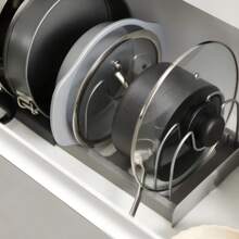1 Retractable PP+Stainless Steel Pot Lid Holder, Free Up Kitchen Space, Equipped With 7/10 Dividers, Multifunctional Kitchen Storage Tool, Convenient For Storing Pots And Tableware, Suitable For Pot Lids And Plates, Waterproof Stainless Steel Drain Rack, Kitchen Countertops, Cabinets And Shelves, Kitchen Accessories, Restaurant Use