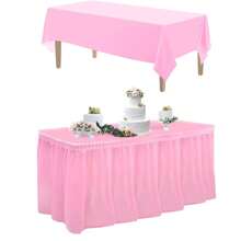 Juego de mantel y falda de mesa, falda de mesa desechable de 29 in x 14 ft y mantel de plástico de 54 x 108 in para mesas rectangulares, bodas, fiestas de bufé, fiestas de cumpleaños, decoraciones de baby shower, Navidad, San Valentín, Pascua (Blanco, Negro, Rosa, Azul)