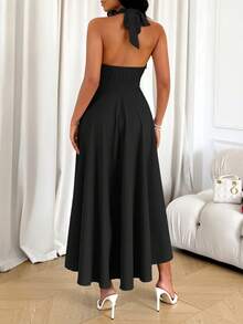Women's Elegant Backless Spaghetti Strap Mid-Length Dress - Black - View 2