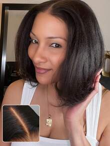 Bob Kinky Straight Hair Wig, 13x4 Clear Lace Front, Pre-Plucking, 180% Density Blended Hair, Women's Wig, Elegant Style, No Glue To Wear, Suitable For Daily Use 8-16 Inch(Blended Wigs-A Mix Of Human Blended Hair And Synthetic)Wigs Human Blended Hair/Women's Human Blended Hair Wig/Human Blended Hair Lace Front Wigs/Wigs Glueless/Bleached Knots/Lace Wig/Costume Party/Halloween - SNatural - View 6