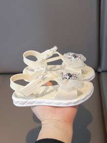 1双女童水钻蝴蝶结凉鞋，时尚公主软底防滑露趾沙滩鞋，适合夏季 - 米色 - 查看 3