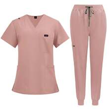 Stilvolles 2-teiliges Set, elegantes kurzärmeliges V-Ausschnitt Pflegekitteltop & Hose mit geraffter Taille Pflegeuniform Anzug, für Frauen, Pflegeuniform Set - Pink - Übersicht 2