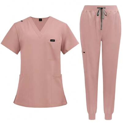 Stylish 2 Pieces Set, Elegant Short Sleeve V-Neck Nursing Scrub Top & Cinched Waist Pants Scrub Uniform Suit, For Women, Scrub Uniform Set