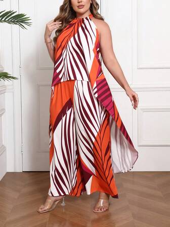 2pcs Plus Size Women Contrast Color Print Asymmetric Hem Halter Top And Pants Set