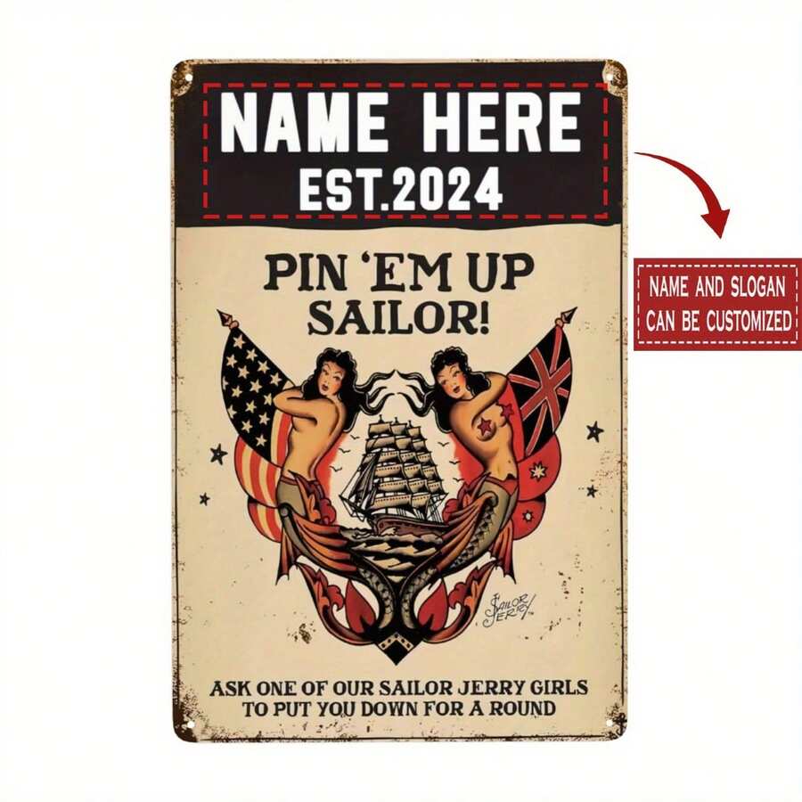 Biển hiệu kim loại Seaman tùy chỉnh - Tên và văn bản được cá nhân hóa, Đồ trang trí tường theo phong cách Mỹ cổ điển, Thích hợp cho quầy bar tại nhà hoặc hang động của đàn ông, 8x12 inch (20x30 cm), Phụ kiện hang động của đàn ông | Chủ đề thủy thủ cổ điển | Biển hiệu kim loại, Đồ trang trí hàng hải - nhiều màu - Xem 1