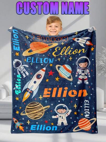 1pc Custom Personalized Color Name Throw Blanket, With Astronaut Rocket Blanket For Girl Boy Great Holiday Gift For Daughter,Son,Classmates, Friends,Super Soft Warm Gorgeous Cozy, For All Seasons, Suitable For Indoor, Camping, Air-Conditioned Room, Sofa, Living Room,Bedroom,Home,Halloween, Ideal Gift For Children's Day, Christmas, Birthday