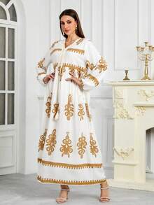 Elegante vestido casual con estampado de cinta de manga larga, vestido de otoño/invierno, vestido de vacaciones, vestido de dama de honor, vestido de Navidad y Halloween