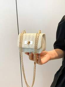 Mini Square Bag New Design Women's Handbag, Quilted Diamond Pattern High-Quality Shoulder Bag, Braided Chain Flap Cover Small Bag, Cute Crossbody Purse Accessory - Beige - View 2