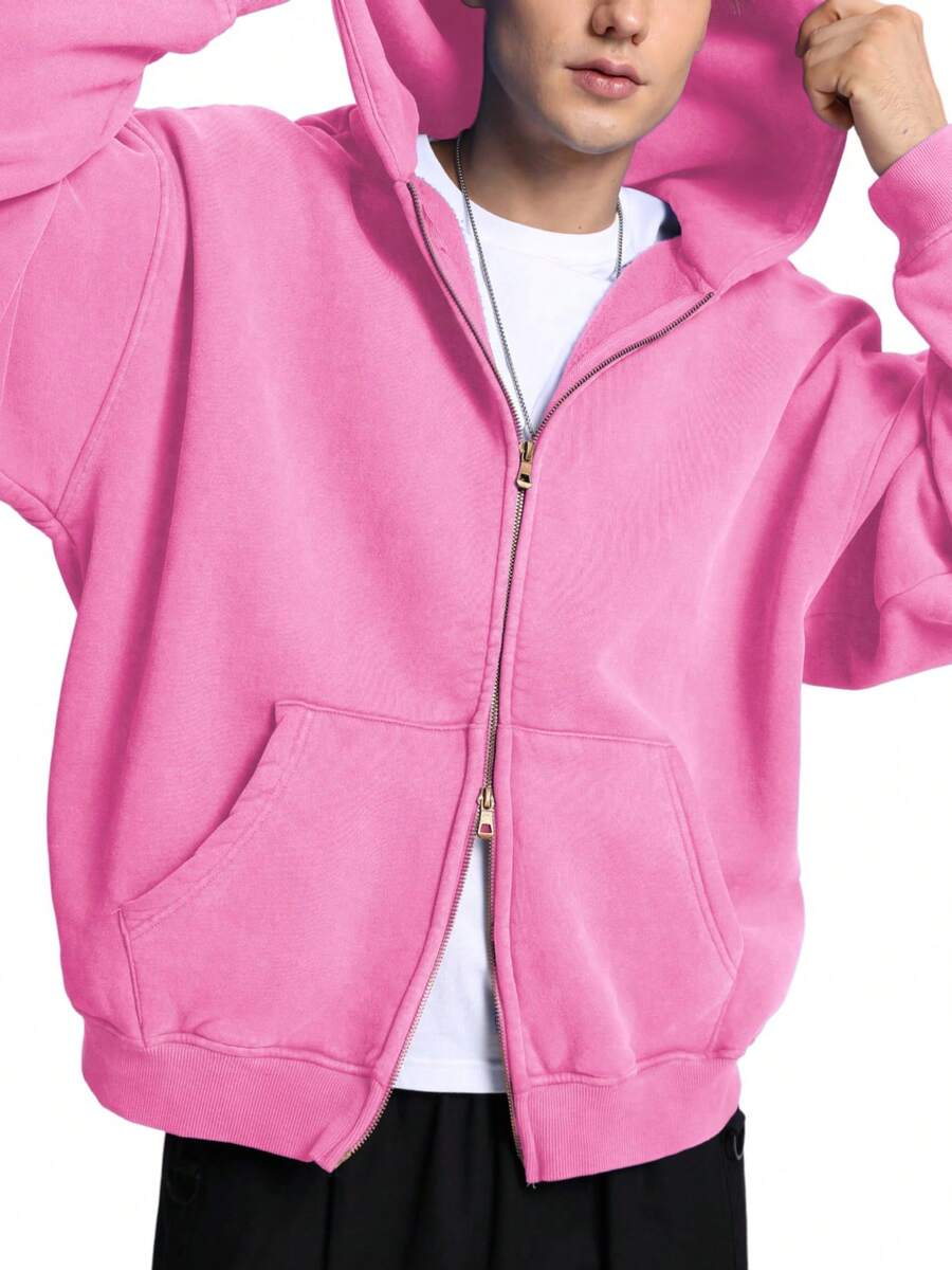 Faiable Mens Womens Double Zip Up Hoodie Oversized Acid Wash Hoodies Heavyweight Fleece Cotton Zipper Hoodie Vintage - Màu Hồng baby - Xem 1