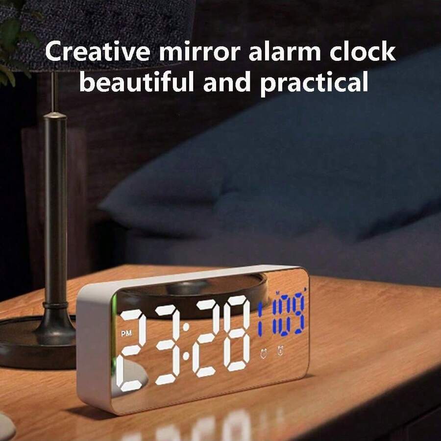 1 个 USB 多功能 LED 镜面时钟、LED 数字时钟、梳妆台时钟电子闹钟、闹钟、桌面闹钟创意简约学生闹钟