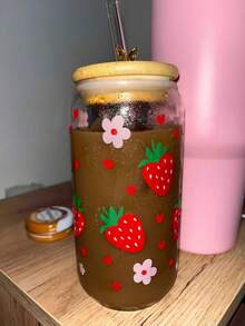 4pcs/1pc Strawberry Floral Print Glass Cup With Lid & Straw, 16oz Jar Shaped Water Tumbler, Iced Coffee Cup, Suitable For Tea, Juice, Milk, Birthday Gift, Drinkware, Reusable - Multicolor - View 11