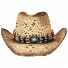 1 Hat And 2 Decorations Unisex Bead Decor Cowgirl Hat Hollow Out Summer Travel Shade Cowboy Hat Dyeing Wide Brim Printed Breathable With Beaded Trim Band Hand Woven Beach Hat Sun Hat Straw Hat - 米色 - 查看 4