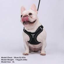 New Color Pet Dog Leash Set, Includes Reflective Adjustable Harness And Collar, Suitable For French Bulldog Outdoor Walking, Comfortable, Leash And Collar Set, Soft Breathable Mesh Material, Suitable For Small/Medium Pets, All Seasons - Black - View 5