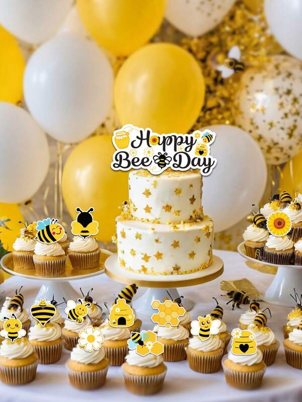 25 Pieces Of Bee Cake Decoration Cupcake Decoration - Birthday Party Decoration Theme Happy Birthday Bees, Bumblebees Decoration Desktop Center Decoration - Suitable Party Supplies Party Gifts