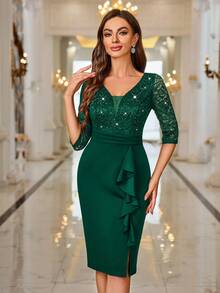MIUSOL Deep V-Neck Sequin Floral Lace Ruffle Trim Cocktail Party Bodycon Dress - Dark Green - View 4