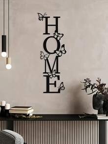 1buc HONME decor de perete metalic cu ornament fluture, artă grafică pentru sufragerie, decor pentru intrare verticală cu tematică pentru casă