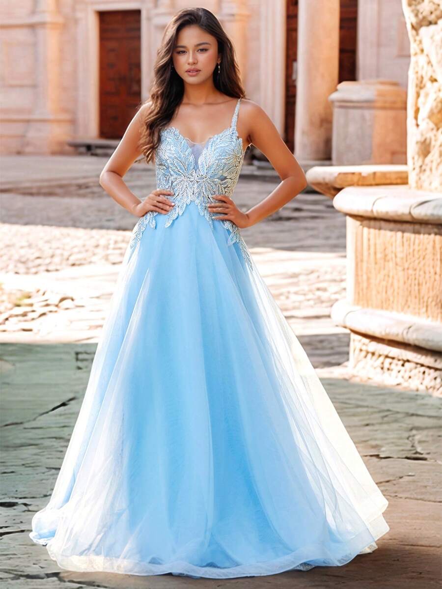 Contrast Lace Mesh Cami Prom & Evening Dresses Sparkly Lace Prom Dresses With Embroidered Spaghetti Strap V Neck Homecoming Dresses For Teens Rhinestone Lace Applique A Line Formal Evening Dresses Floor Length Mesh Ball Gown For Party Zipper Back Elegant Wedding Guest Dress, For Graduation, Dinner