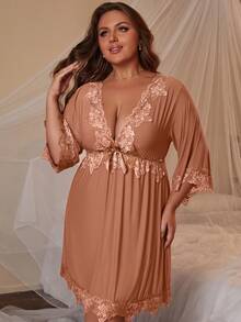 Plus Size Sexy Sleeveless Lace Trim V-Neck Nightgown , Comfortable Sleepwear, Moo Moo Night Dress - Apricot - View 4