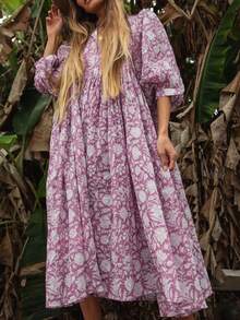 Eilly Bazar Plus Size Mid-Length Sleeve All-Over Print Pleated Casual Dress, Suitable For Vacations - Mauve Purple - View 3