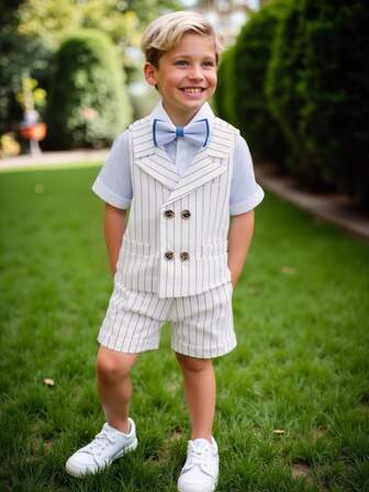 男童夏季条纹绅士西装3件套 - 条纹背心+短裤+领结