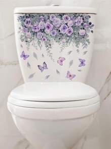 1pc Pink Flowers Green Plants And Blue Flowers Butterfly Bathroom Toilet Sticker Self-Adhesive, Removable Vinyl Waterproof Sticker, Bathroom Toilet Decorative Sticker, Toilet Lid Sticker, Bathroom Decoration Removable Sticker, Self-Adhesive Decal, Home Decor, Holiday Decorative Sticker, Birthday Graduation Gift Summer
