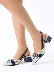 Women's Pointed Toe Slingback High Heel Mule Shoes With Chain Decor, Retro Floral Pattern Design, Fashionable & Comfortable, Suitable For Work, Party, Holiday Events, Suitable For Spring, Summer, Autumn, Winter, Navy Blue, Elegant, Women Pumps - Navy Blue - View 3