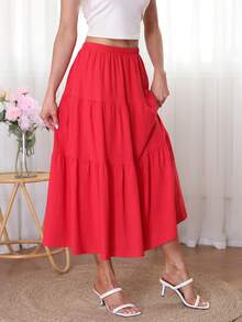 女士纯色多层 A 字裙，柔软休闲松紧腰裙