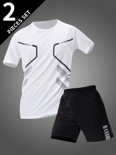 2pcs Set Men Summer Short Sleeve Outfit, Casual Sports Round Neck Tee + Shorts, Complete Set