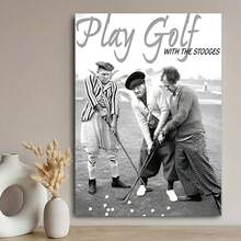 1 pieza Decoración de habitación con marco, Arte de pared de lienzo retro "Los Tres Chiflados jugando al golf", Decoración humorística con tema de golf para el hogar y oficina, Decoración de pared para hombre cueva, garaje, bar, cafetería, club, 2D - Enmarcado - Ver 2