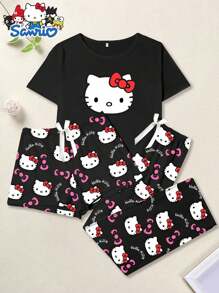 Sanrio Sanrio 3pcs Cartoon Sleepwear Sets, Hello Kitty - Young Casual - Women Casual Bow Pajamas, Top, Long Pants, Short Pants