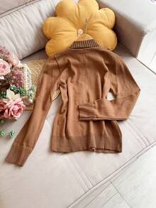 Basic Knitted Cold Weather Blouse Round Neck Sweater Women's Fashion - Brown - View 2