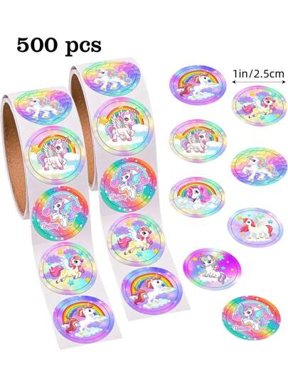 500 张/卷紫色幻想独角兽涂鸦贴纸，1 英寸圆形，适合女孩剪贴簿 DIY 装饰、手写日记、学校教师奖励、PVC 防水贴纸标签