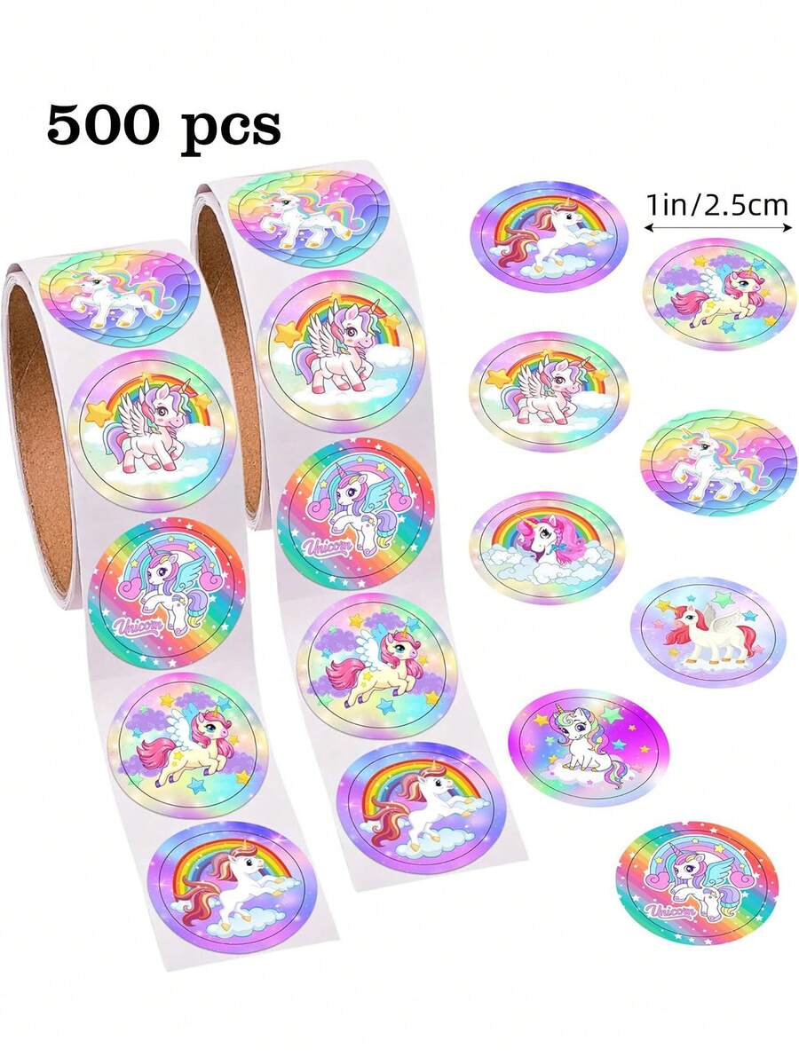 500pcs/Roll Purple Dreamy Unicorn Doodle Stickers, 1 Inch Round, Suitable For Girl's Heart Planner DIY Decoration, Handmade, First Day Of School - Multicolor - View 1