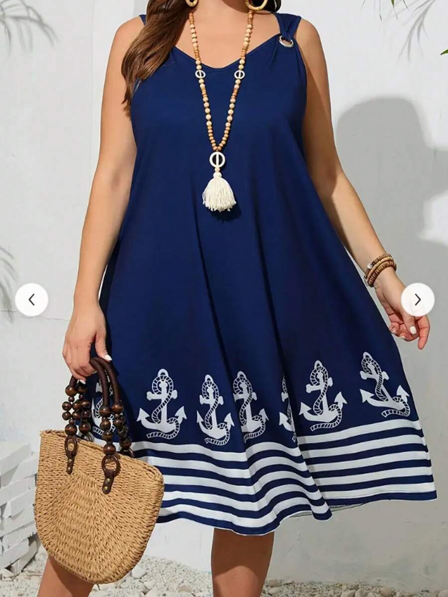 Plus Size Women's Anchor Print V-Neck Metal Loop Slip Dress - Sleeveless Summer Vacation Romper, Navy With White Striped Casual Summer Outfit