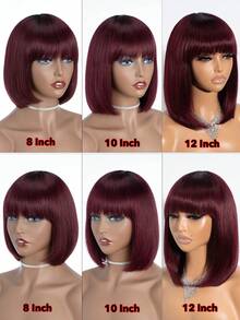 Ombre Wine Red Straight Bobbed Wig, Breathable Bangs, Full Hand-Woven No Lace Real Human Hair, Suitable For All Women, Wine Red Ends With Black Roots - S1/99J - View 5