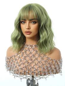 Grass Green Bob Wigs For Women Curly Wavy Wigs With Bangs Short Heat Resistant Synthetic Wigs For Party Costume Daily Wear Colorful Wigs - 草綠色 - 查看 5