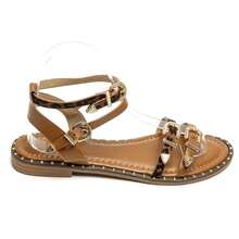 Western Style Flat Sandals With Crescent-Shaped Straps And Decorative Buckles - Camel - View 3