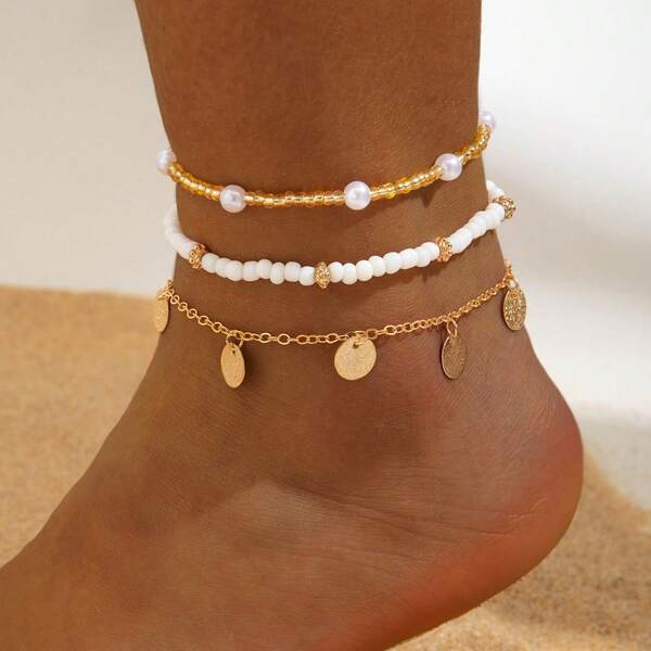 1-3pcs Round Charm Anklet For Summer Vacation Travel Beach Party,Gold Jewelry