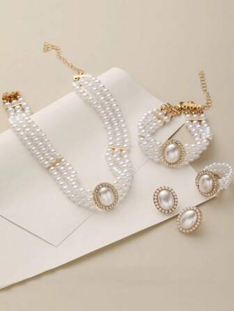 5pcs Vintage Elegant High-End Alloy Pearl & Full Crystal Multi-Layer Necklace, Bracelet, Earrings Jewelry Set For Women