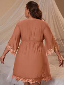Plus Size Sexy Sleeveless Lace Trim V-Neck Nightgown , Comfortable Sleepwear, Moo Moo Night Dress - Apricot - View 3