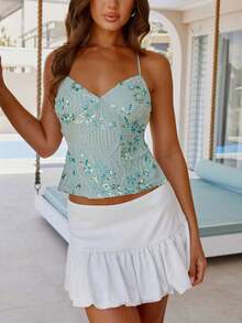 Women Sequin Sparkle Open Back Criss Cross Straps Tank Top Y2k Pearl Embellished Cami Tops Sexy Bling Glitter Rhinestone Camisole - 綠色 - 查看 3