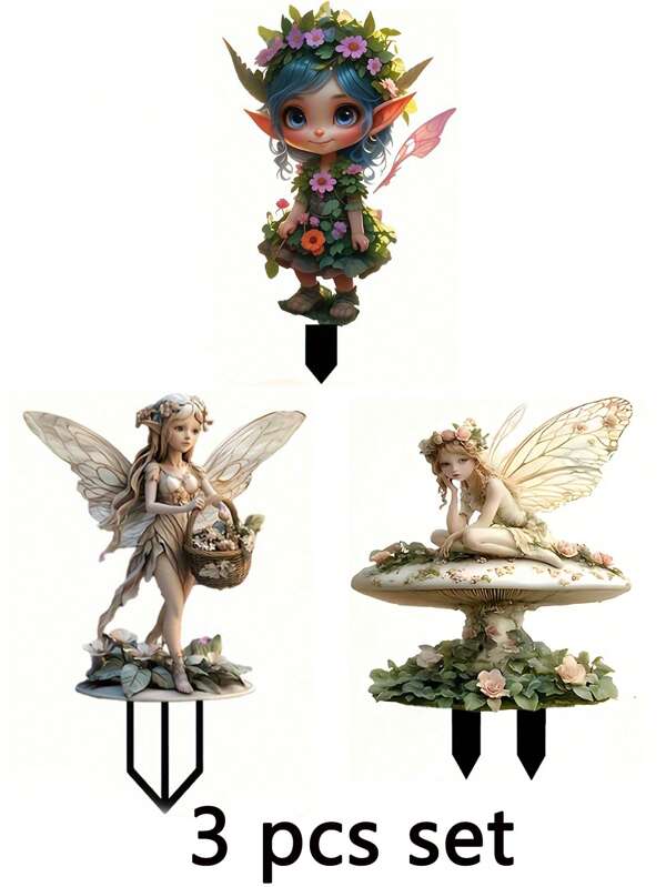 Juego de 3 piezas/1 pieza, impresión plana 2D, nuevo material acrílico, decoración de jardín con enchufe de suelo, hada bohemia, hada de flores y elfos atrapasol con efecto de vidrio de colores, decoración de maceta enchufable, decoración de patio imaginativa y plantas en maceta, realzador del paisaje exterior, decoración exterior multifuncional
