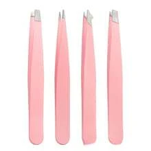 [Tube Packaging] Stainless Steel Light Pink Eyebrow Tweezers Set For Eyebrow & Facial Hair Plucking, With High Precision Straight And Slant Tips, Portable And Ideal For Home Use, Tools For Men