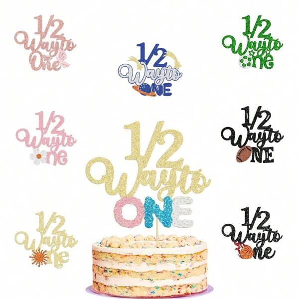 1pc Half Way To One Cake Topper Glitter Happy 6 Months Birthday Cake Pick 1/2 Half Birthday Cake Decoration For Half Year Old Birthday Party Decorations Supplies