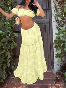 Women's Light Blue Off-Shoulder Crop Top With Puff Sleeves And Ruched Lace Detail Boho Vacation Style - 黃色 - 查看 3