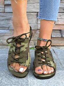 女士新款系带平底拖鞋，时尚军绿色凉鞋，防滑沙滩拖鞋，多功能休闲轻便软底透气人字拖 - 軍綠色 - 查看 3