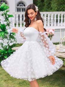 UNITHORSE Strapless, Drop Shoulder,Waist Cinched, Short Wedding Dress With 3D Floral Decor, Flattering And Elegant,Bride